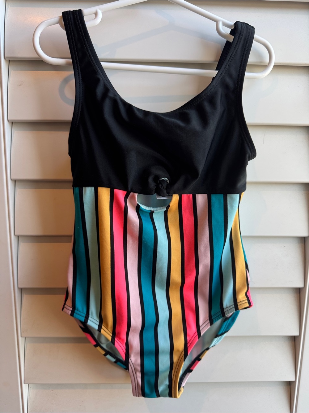 art class Black One-Piece Swimsuit with Teal, Pink, Yellow & Coral Stripes - Picture 1 of 4